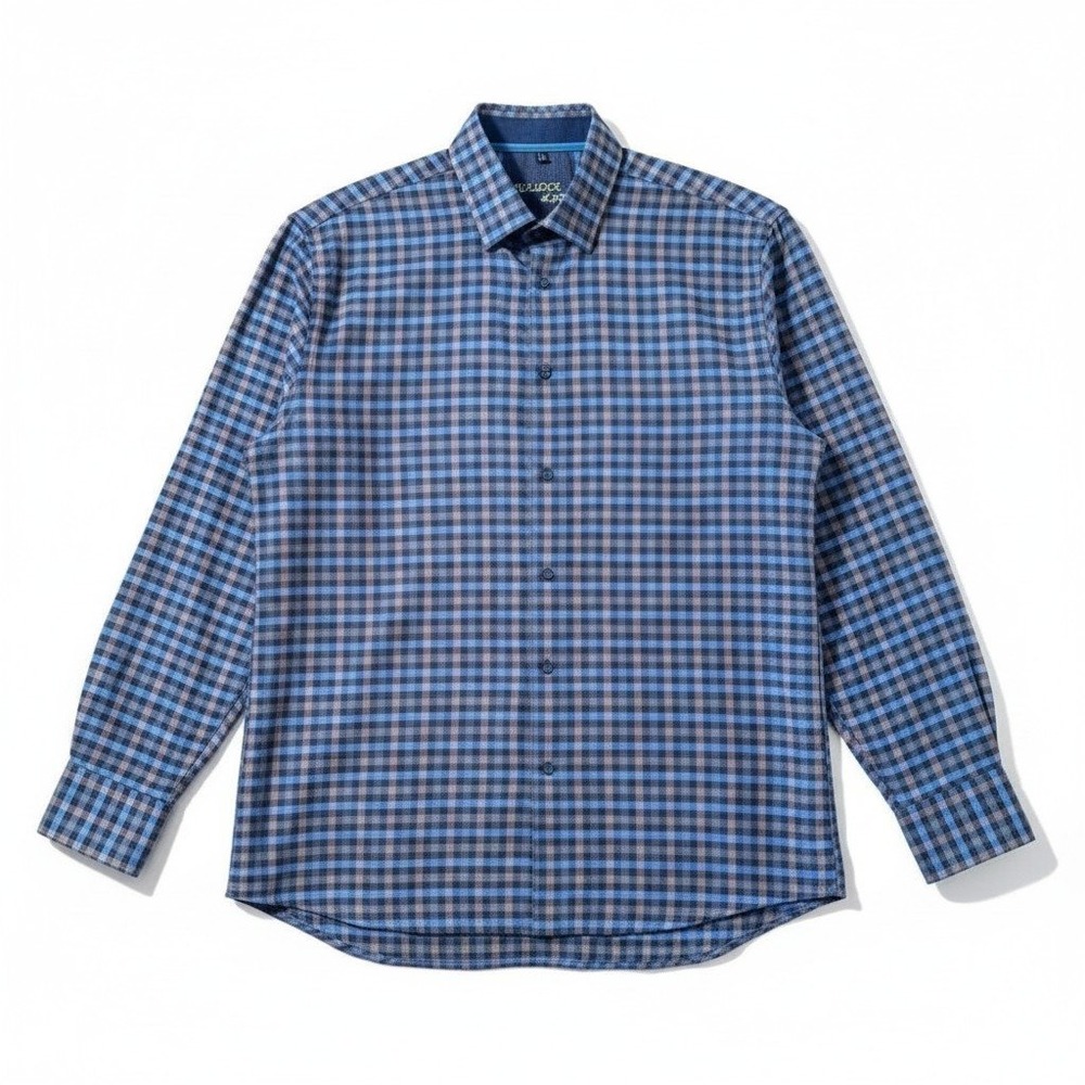 Bullock & Jones Button Down Shirt Large Blue Brown‎ Plaid Cotton Classic Preppy